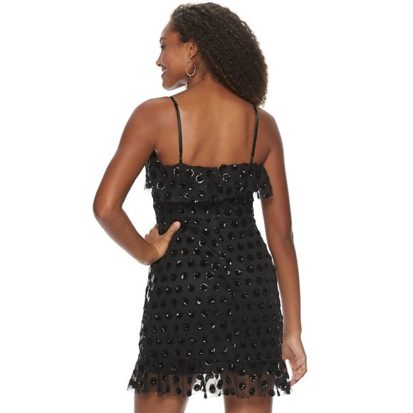 NWT Trixxi Sequined Flounce Sequin Polka Dot Black Mini Party Dress 1 Junior - Picture 4 of 8
